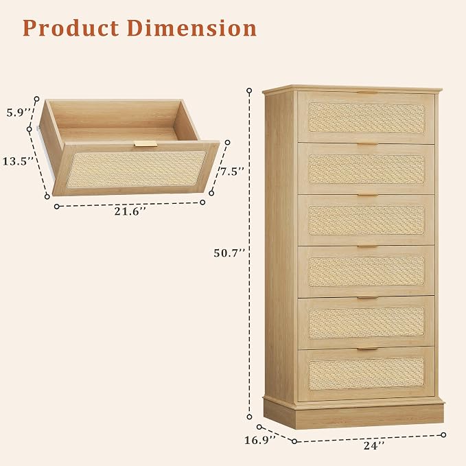 HUAHUU 6 Drawer Dresser for Bedroom, 50 Inch Tall Dressers & Rattan Chest of Drawers, Boho Style, Wood Modern Dressers Organizer for Bedroom, Living Room, Hallway, Entryway, Oak - Image 2