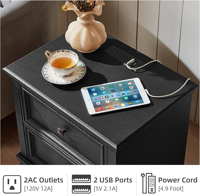 SAVOR LIFE Farmhouse Nightstand with Charging Station, Rustic Low Night Stand with 2 Drawers, Mid-Century Modern End Table with 4 Square Solid Wood Legs, Small Dresser for Bedroom, Home, Black - Image 8
