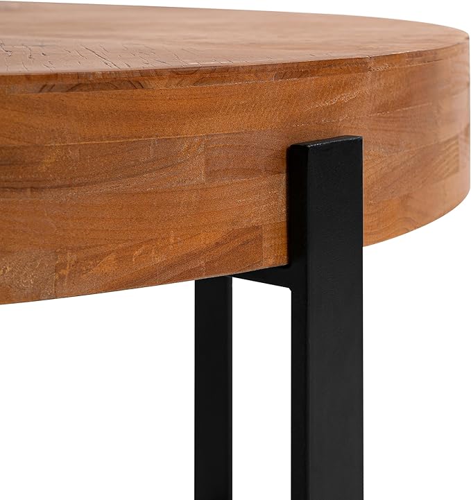33.86" Round Coffee Table with X-Shaped Black Metal Legs, Solid Wood Circle Table for Living Room, Retro Circular Table, Natural+Black