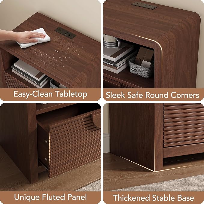 Fluted Nightstand with Charging Station, 23" Wide Wood Bedside Table with Drawer and Open Compartment, Mid Century End Table for Bedroom, Home Office, Walnut - Image 5
