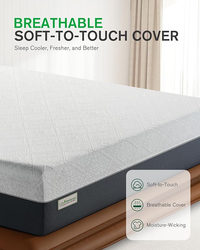 Life Balance 8 Inch Queen Size Mattress, Cooling Gel Memory Foam Mattress in a Box, Made in USA Queen Mattresses, Motion Isolation, Pressure Relief, Medium Firm, CertiPUR-US Certified, CY-8-Q