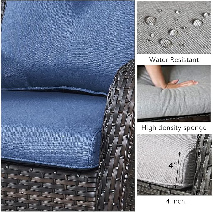 HUMMUH Outdoor Swivel Rocker Wicker Patio Chairs High Back PE Rattan Glider Chairs 4PCS Patio Furniture Set(Brown,Blue)