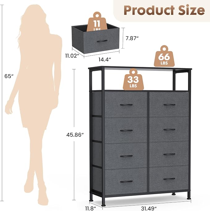 DUMOS Fabric Dresser for Bedroom with 8 Drawers, Tall 8-Drawer Chest of Drawers with Raised Shelf, Storage Tower with Fabric Bins for Closet Organization, Hallway Storage, Grey - Image 3