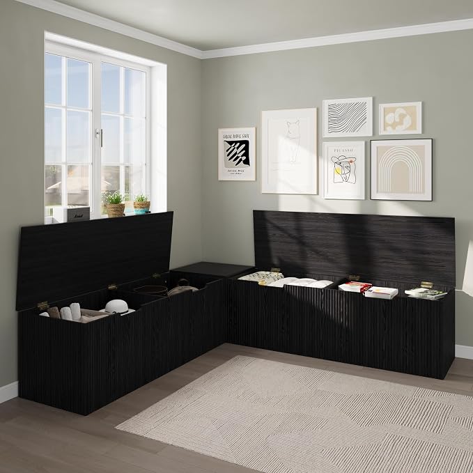 Bobve L-Shape Storage Bench with Cushion, Backless Corner Dining Bench, Kitchen Dining Nook Bench with Hidden Storage for Dining Room, Kitchen, Entryway (Black) - Image 3