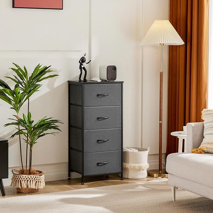 Simple Deluxe 4 Drawer Dresser, Fabric Storage Tower Organizer with Sturdy Steel Frame and Wood Top, Easy Pull Handles, for Bedroom, Entryway, Hallway, Grey