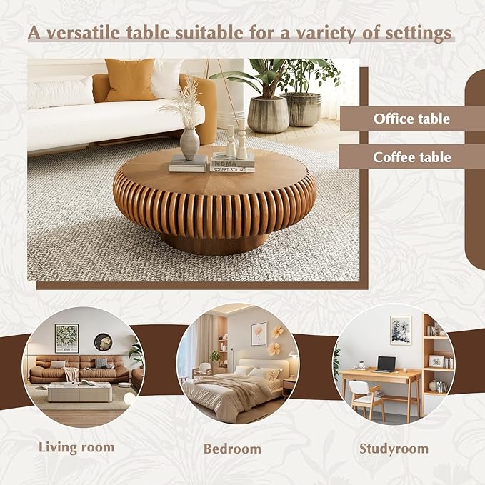 Round Drum Coffee Table Modern Unique Circle Drum Coffee Tables Mid Century Coffee Table with Sturdy Pedestal Fluted Tea Table for Living Room Office Small Space(Brown 31.5in)
