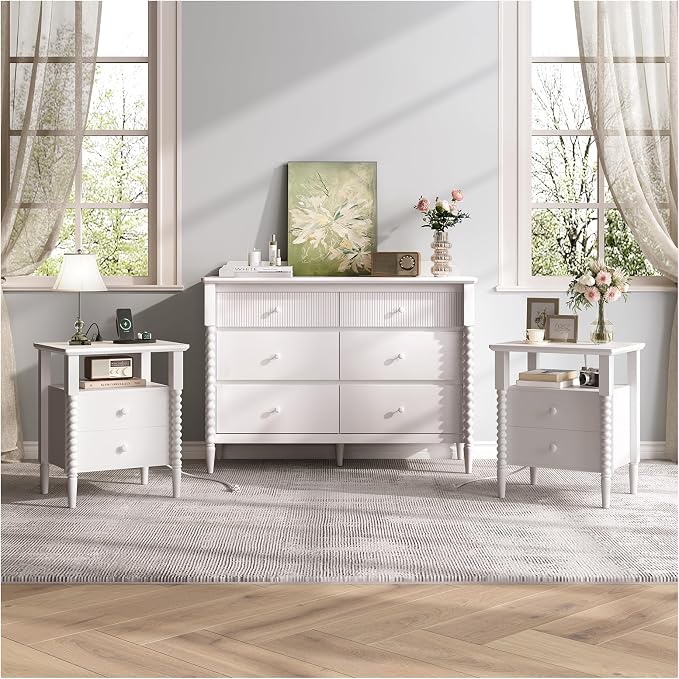 JOINICE 3 Piece Bedroom Set, Vintage 6 Drawer Dresser and Nightstand Sets for Bedroom, Night Stand Set 2 & Kids Dresser with Solid Wood Legs, Chest of Drawers Storage Cabinet Set, White by Joinice