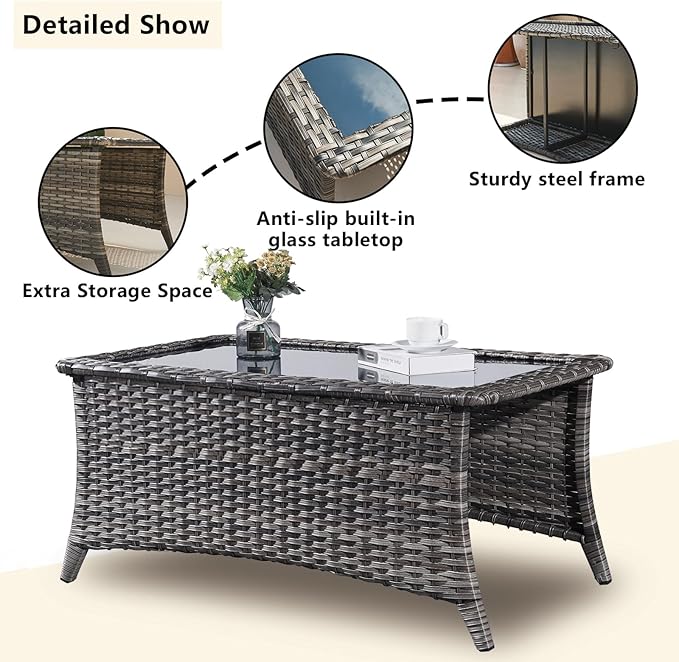 Rilyson Wicker Patio Furniture Set - 7 PC Rattan Outdoor Sectional Conversation Sets with 2 Rocking Swivel Chairs,2 Ottomans,2 Sofa and 1 Coffee Table for Porch Deck Garden(Mixed Grey/Grey)