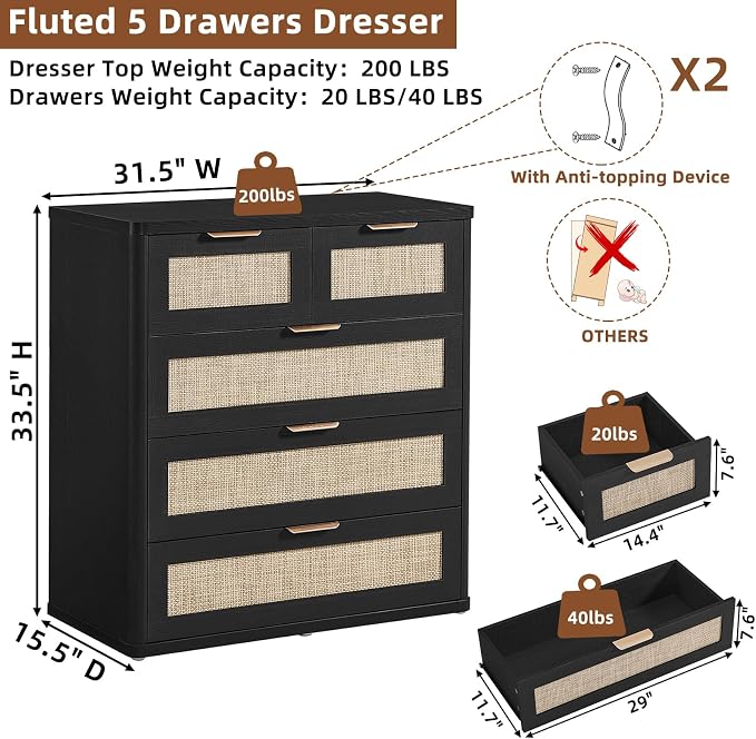 LEYAOYAO Rattan Dresser for Bedroom Set of 2, 33.5" Tall Chest of Drawers, Modern 5 Drawers Boho Dressers with Storage, Light Oak Dresser Wooden Closet Organizer for Living Room, Hallway, Black - Image 7