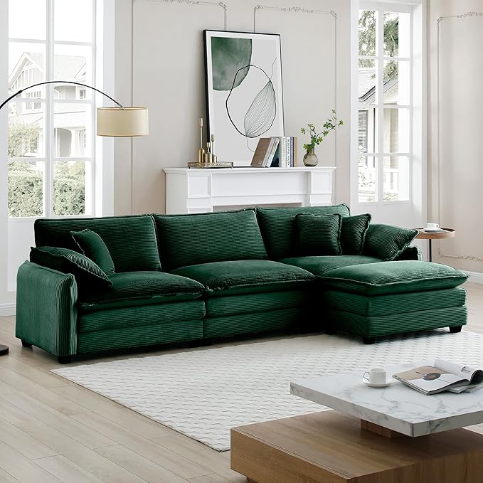 KEIKI 115" L-Shaped Oversized Corduroy Modular Sectional Sofa with 1 Ottoman, High-Density Foam Cushions, Removable Armrests, Upholstered 3-Seater Corner Couch with 5 Pillow, for Living Room, Green