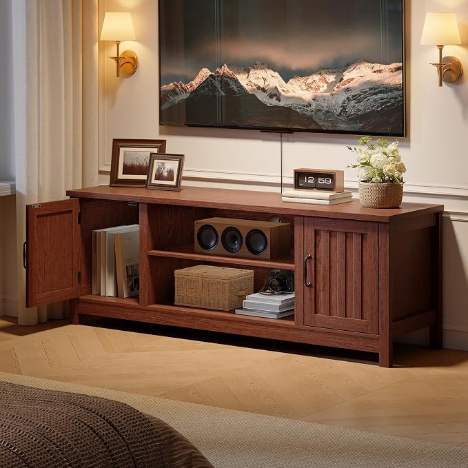 ChooChoo 54" Farmhouse TV Stand for TVs up to 65 inches, Entertainment Center with Storage Cabinets, Open Shelves and Fluted Door, TV Console Table for Living Room, Bedroom, Walnut - Image 5