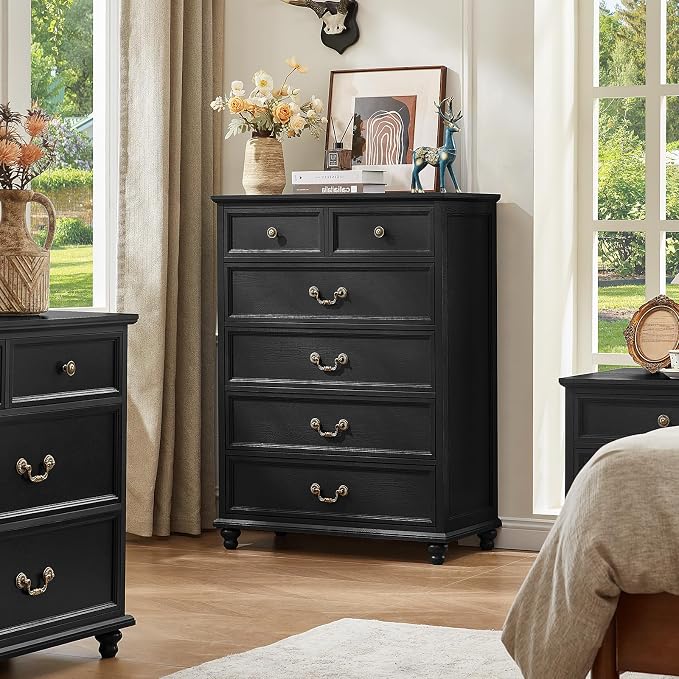Joaxswe Farmhouse 6 Drawer Dresser Set of 2 for Bedroom, 42" Tall Rustic Chests of Drawers w/ 4 Solid Wood Feet, Mid Century Vintage Wooden Closet Storage Dressers Organizer for Living Room,Black - Image 7
