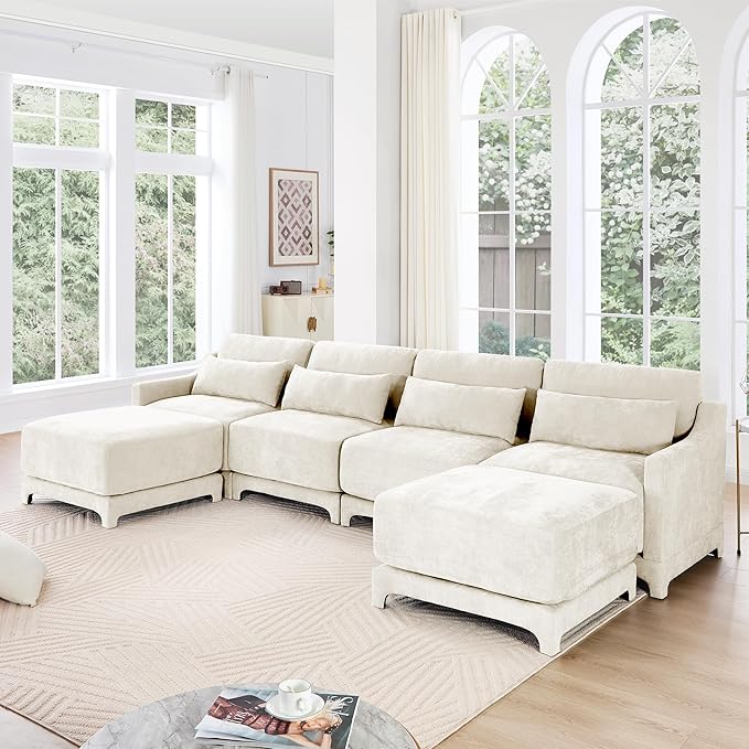 Ball & Cast 141.7" Modular Sofa Couch with Deep Seat Chenille Sofa and Wide Armrest,2 Ottoman Modern Comfy 4-Seater Couch for Living Room, Office, Apartment, Easy to Assembly, Beige