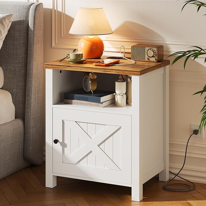 Marsail Farmhouse Nightstand Set of 2 with Charging Station, Wood Bedside Table with USB Port & AC Outlet, Open Shelf and Enclosed Cabinet, Side Table with Storage for Bedroom, Brown and White - Image 2