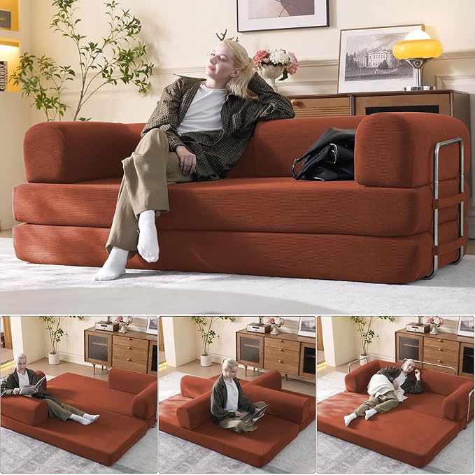79" Convertible Sleeper Sofa Bed with Cylindrical Pillow, Corduroy Folding Mattress Couch with Fixed-Shape Frame, Floor Sofa Lounge Couch for Living Room Bedroom Lounge Studio