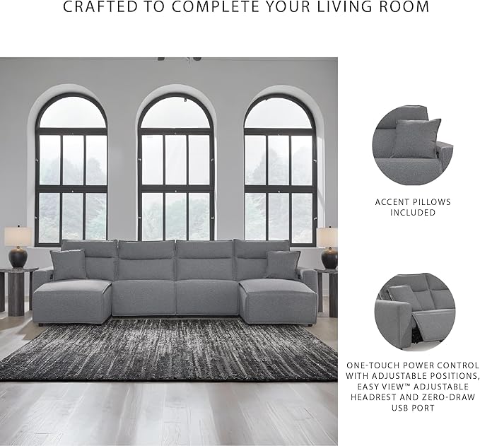 Signature Design by Ashley ModMax II Stain Resistant Modern Modular 4-Piece Power Reclining Sectional with Chaise, Adjustable Headrest, USB Ports and 2 Accent Pillows, Gray