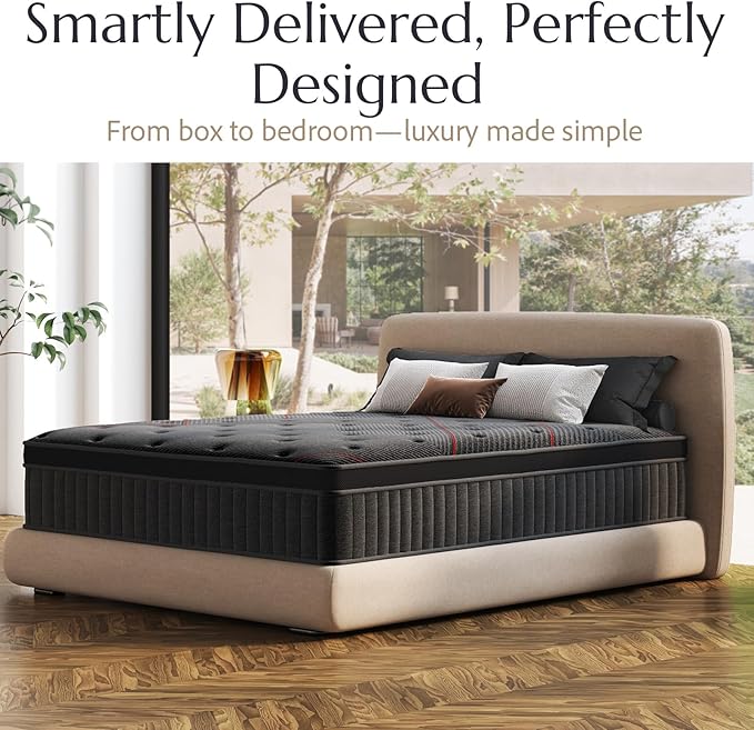 Aura-Pro Queen Size Cooling Gel Memory Foam Mattress with Pocket Coils, 12 Inch Medium Firm Hybrid Mattress in a Box for Back Neck Enhanced Pain Relief, 1001-Night Trial, Fiberglass-Free