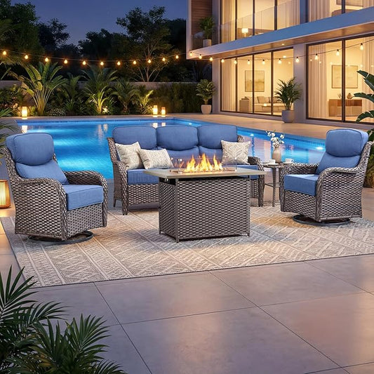 Luxury Patio Furniture Set with 6-inch Thick Cushion, Outdoor Furniture with Fire Pit Table, Swivel Chairs, Side Table, Sofa, 5pcs Wicker Conversation Set for Deck Yard and Poolside(Blue)