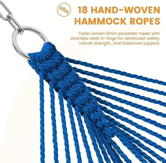 Lazy Daze Hammocks 10.5 FT Double 2 Person Caribbean Rope Hammock, Hand Woven Polyester Hammock with Spreader Bars, for Outside Outdoor Backyard Patio Poolside, 450 LBS Capacity, Blue/Green - Image 4