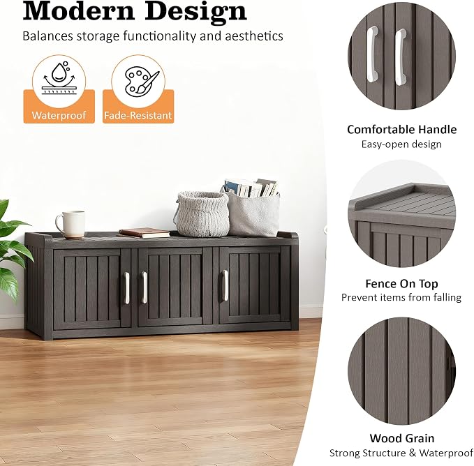 2-Tier Storage Bench, Waterproof UV-Resistant Outdoor Shoe Storage Cabinet with 3 Doors & Adjustable Shelves for Indoor Outdoor Entryway, Hallway, Living Room (Classic Gray) - Image 2