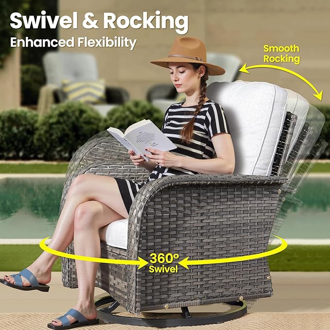 ovios 5-Piece Patio Furniture Set, Outdoor Wicker Sofa with Swivel Chairs Coffee Table, High Back Rattan Couch Loveseat with Comfy Cushions for Porch Yard Deck, Grey