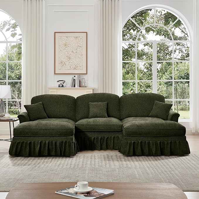 KEIKI Mid Century Modular Sofa with Flared Arms and Skirted Design, 107” Oversized 3-Seater with 2 Ottomans Luxury Chenille U-Shaped Sectional Couches for Living Room, Chaise Lounge Indoor, Green