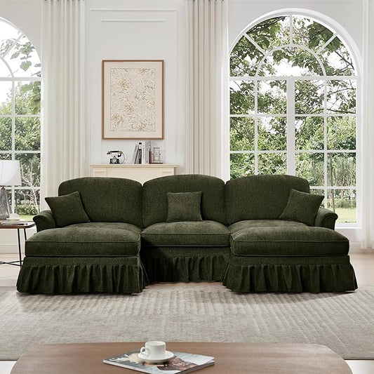 KEIKI Mid Century Modular Sofa with Flared Arms and Skirted Design, 107” Oversized 3-Seater with 2 Ottomans Luxury Chenille U-Shaped Sectional Couches for Living Room, Chaise Lounge Indoor, Green