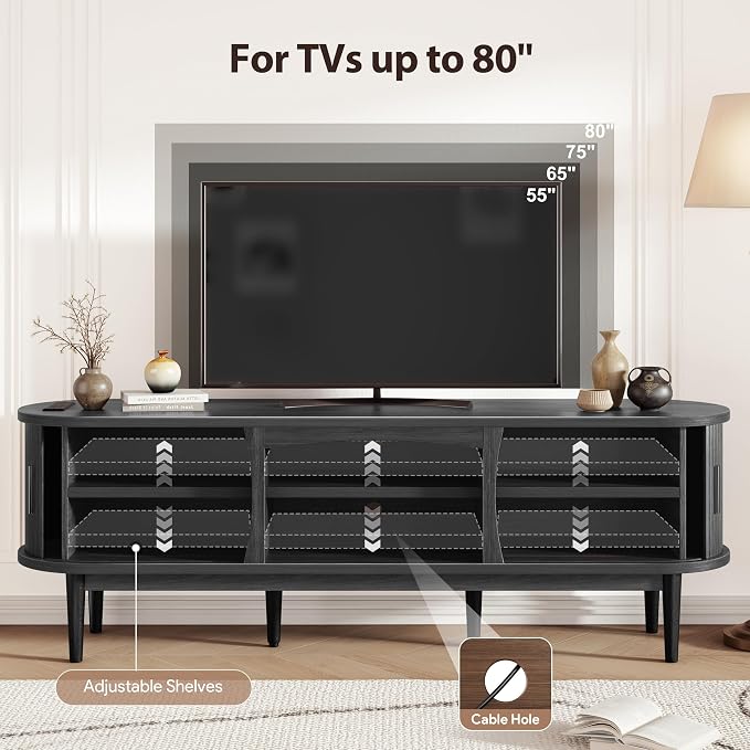 Decofy Mid Century TV Stand for TVs up to 80 Inches, Entertainment Center with Storage, Power Outlet, Fluted Sliding Doors & Adjustable Shelves, Modern Media TV Console Table for Living Room (Black) - Image 3
