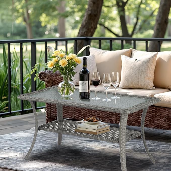 VINGLI Outdoor Coffee Table with Storage Wicker Patio Coffee Table, Tempered Glass Top Coffee Table for Patio Outside Balcony Porch Deck (Grey) - Image 2
