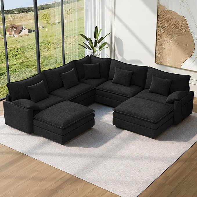 Vesgantti 101" V-Shaped Corner Couch Sectional, 7 Seat Customizable Modular Cloud Couches with Movable Ottoman, Chenille Deep Seat Sofa Set with Chaise for Living Room, Bedroom and Apartment, Black