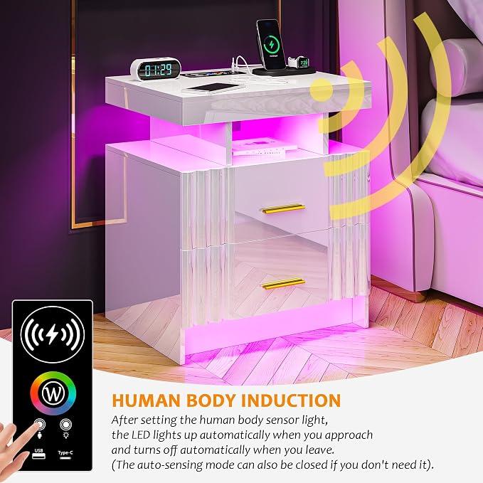Night Stand Set of 2 with RGB Lights, LED Nightstand with Charging Station, Modern Bedside Table with 2 Drawers, Smart Lighted Nightstand, High Gloss End Table Bed Side Table, White - Image 6