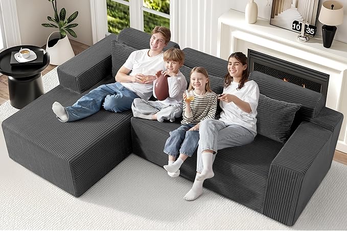 Homguava Modular Sectional Couches for Living Room,105" Cloud Couch with L-Shape Chaise,Comfy Sofa Living Room Sofas with Deep Seat,No Assembly L Couch,Corduroy Fabric(Grey,L)
