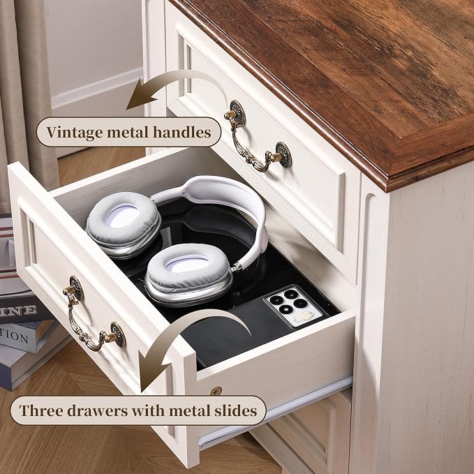 Farmhouse Night Stand with Charging Station, Bedside Table with 3 Drawers Storage and Outlets, Wood Nightstand for Bedroom, Living Room, Closet (White) - Image 3
