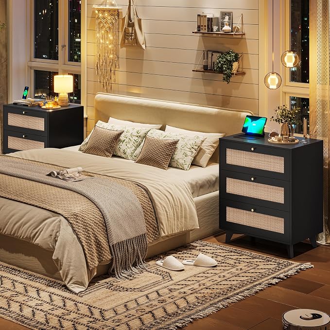 AOGLLATI Rattan Nightstand with Charging Station, Night Stand with 3 Drawers and 2 USB Ports and 2 AC Outlets, Rattan Black Bedside Table with Metal Handle, Wood Boho End Table for Bedroom - Image 7