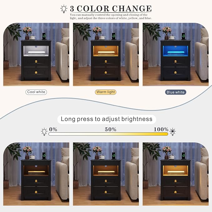 TAGELIER Farmhous Nightstand with Gun Drawer,Bedside Table with Charging Station, Gun Night Stand with LED Light & Human Sensor,Smart End Table for Bedroom, Black - Image 4