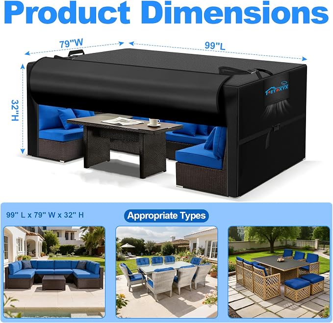 Patio Furniture Covers, 600D Rectangle Outdoor Furniture Set Covers, Waterproof Patio Table and Chair Set Cover with Flip-Open Zipper Design, Windproof Buckle Straps, 99" L x 79" W x 32" H - Image 3