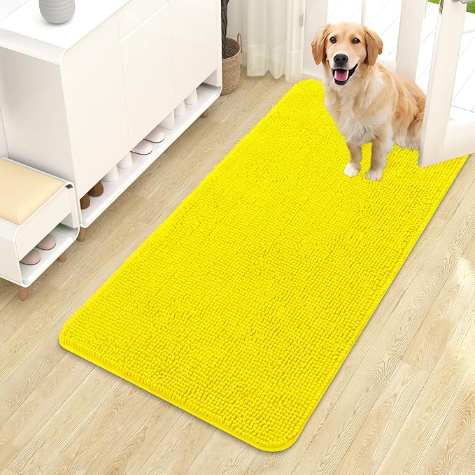 OLANLY Dog Door Mat for Muddy Paws 44x24, Absorbs Moisture and Dirt, Absorbent Non-Slip Washable Doormat, Quick Dry Chenille Mud Mat, Entry Indoor Entryway Carpet for Inside Floor, Lemon Yellow by OLANLY