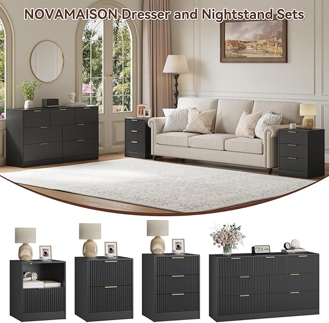 7 Drawer Dresser & Nightstand Set, 3-Piece Black Bedroom Dressers and Night Stand Set of 2 with Metal Handle, Fluted Modern Wood Chest of Drawers Storage Dressers Set for Bedroom, Black