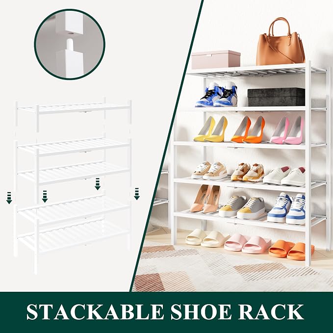 Smiry Shoe Rack, 5 Tier Thick Bamboo Shoe Organizer, Stackable Free Standing Wooden Shoe Storage Shelf for Closet, Entryway, Front Door Entrance, White - Image 4