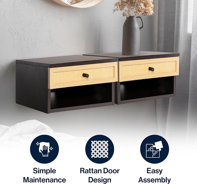 JONATHAN Y NST2000A Celerie 15.71" Mid-Century Modern Floating Wall Mounted Nightstand with Soft-Close Rattan Drawer and Cable Hole, Black/Light Oak - Image 6