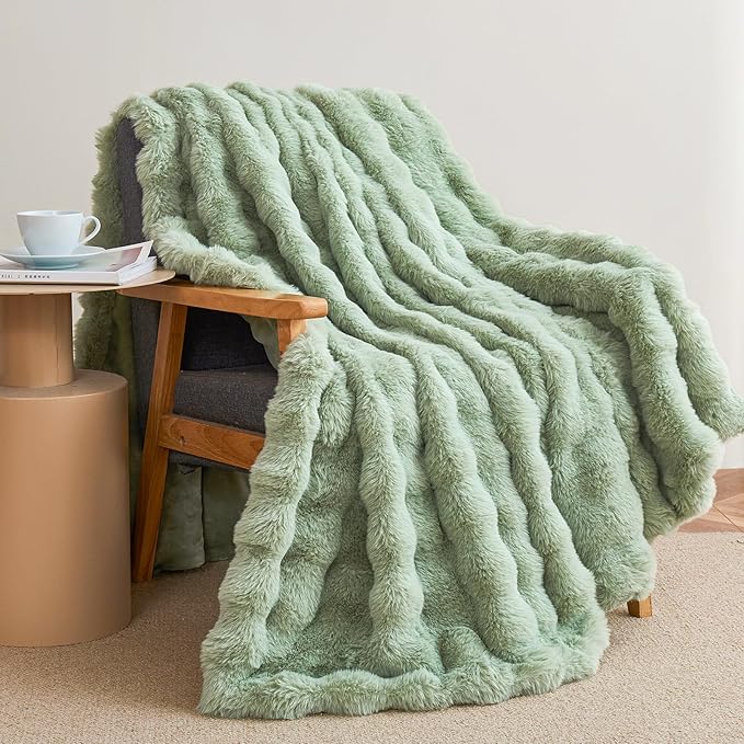 Faux Rabbit Fur Throw Blanket for Couch, Fluffy Warm Plush Thick Bubble Blanket for Bed Sofa Living Room, Soft Cozy Furry Blanket, 50x60 inches, Sage Green