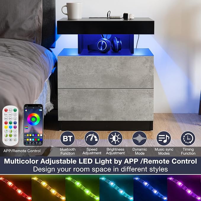 HOMMPA Nightstand with Charging Station and LED Light, Smart Nightstand with USB Port & Wireless Charging, Modern Night Stand with 2 Drawer, Concrete Grey Matte Beside Table for Bedroom - Image 4