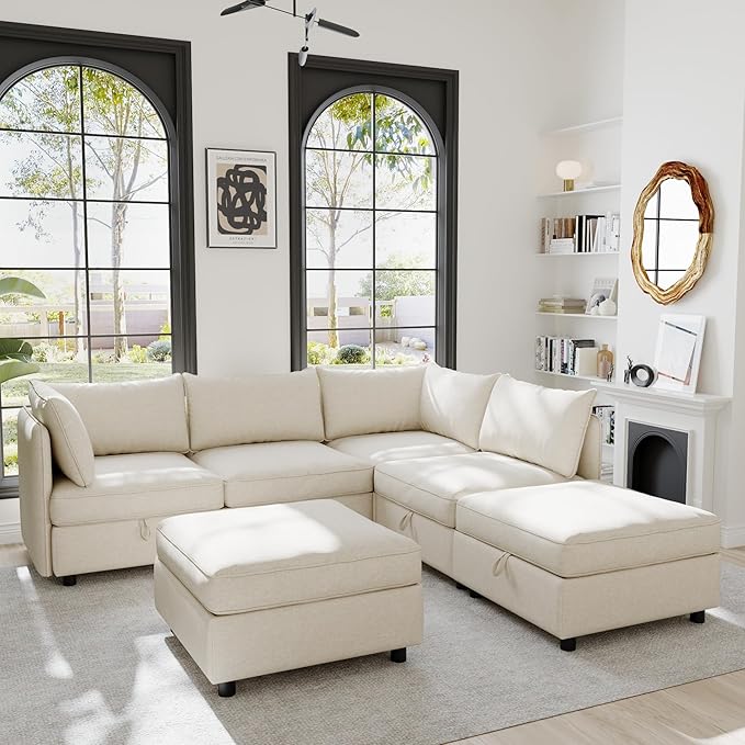 Oversized Modular Storage Sectional Sofa Customizable Seating Group Sofa&Couch Convertible Sleeper Sofabed with Movable Ottomans and Seat, U-Shaped Chenille Upholstered Sofa Couch for Living Room