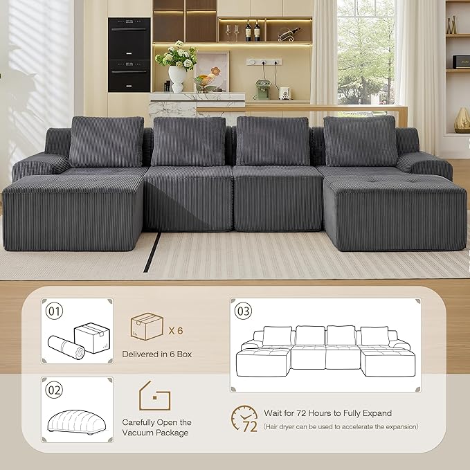 Modular Sectional Sofa, 6 Seat Modular Couch, Modular Sofa with Deep Seat and Detachable Pillow (Grey, 6 Pieces-U Shape)