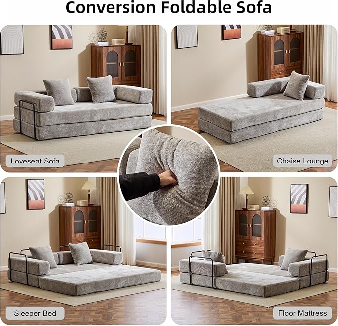 Convertible Floor Sofa Bed, Fold Out Floor Couch with Pillow Back & Armrest, Compressed Couch with Fixed-Shape Frame, Chenille Foldable Sleeper Sofa Bed for Living Room Bedroom, Light Grey