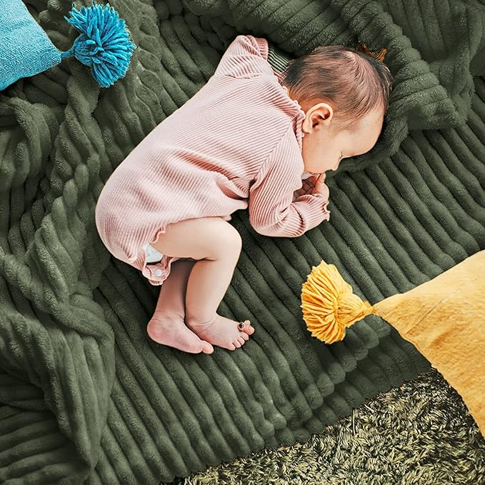 DISSA Fleece Blanket Throw Size – 51x63, Olive Green – Soft, Plush, Fluffy, Fuzzy, Warm, Cozy – Perfect Throw for Couch, Bed, Sofa - with Pompom Fringe - Flannel Blanket Throw Blanket