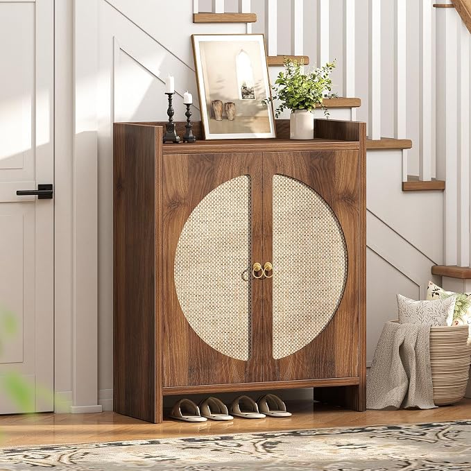 Shoe Cabinet Storage for Entryway - Rattan Entry Way Shoe Storage Cabinet with Adjustable Shelves, Wood Shoe Organizer Cabinet, Accent Cabinet with Doors for Entrance Hallway Living Room Foyer - Image 3