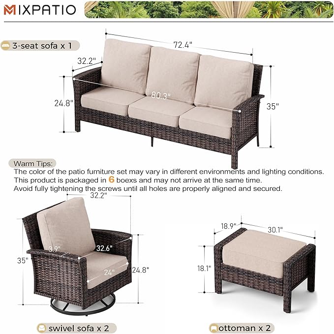 5-Piece Wicker Patio Furniture Set with Swivel Chairs, High Back Outdoor Furniture with 5.5-inch Thick Cushion and Ottoman, All-Weather Wicker Patio Conversation Set for Deck Yard Pool, Beige