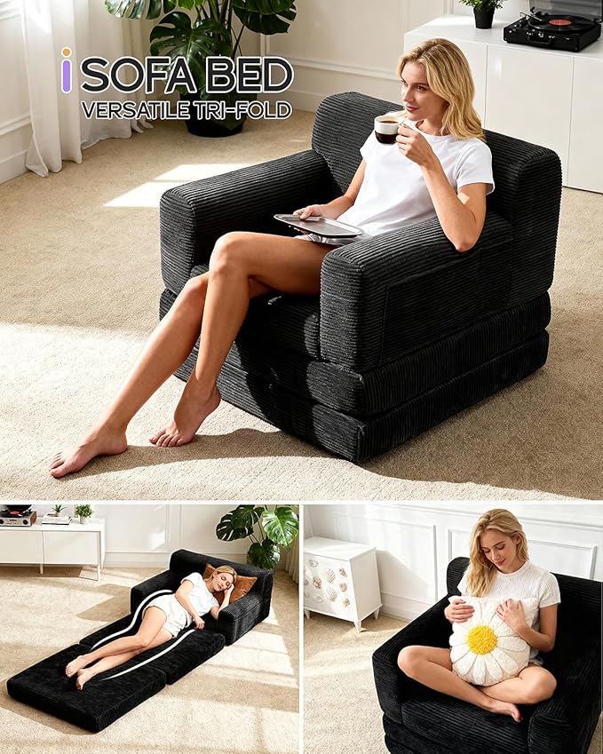 Boneless Couch Sofa Bed, Convertible Sleeper Chair with One-Piece High-Density Foam (No Lumps), Foldable Floor Mattress for Adults Guest Gaming, Non-Slip, Side Pockets, 84"x35", No Assembly