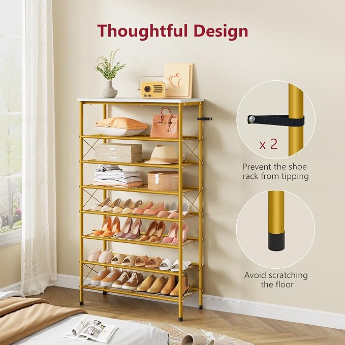 Tajsoon 8 Tier Shoe Rack Organizer for 28-32 Pairs of Shoes, Metal Mesh Shoe Shelf for Closet, Industrial Shoe Rack for Entryway Shoe Storage with X Shape Fixed Frame, White & Gold - Image 7